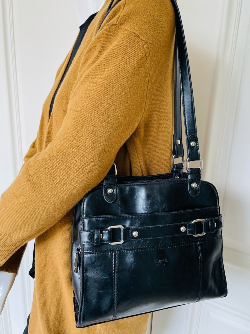 Minelli Italy Black Leather Shoulder Bag | Multi-Compartment Satchel